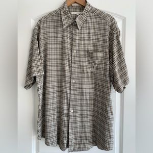 Perry Ellis Cotton Olive Green/Tan Plaid Short Sleeve Shirt - XL
